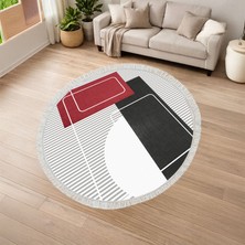 Kaymaz Yıkanabilir Dijital Baskılı Salon Halısı Yıldız Deri Saçaklı Yuvarlak Geometrik AL4052