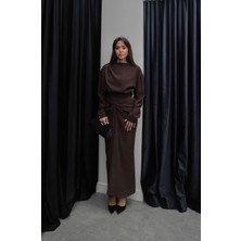 Havoş Kahverengi Shane Büzgülü Etek Bluz Takım