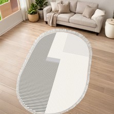 Kaymaz Yıkanabilir Dijital Baskılı Salon Halısı Yıldız Deri Saçaklı Oval Geometrik AL4050