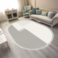 Kaymaz Yıkanabilir Dijital Baskılı Salon Halısı Trend Saçaklı Oval Geometrik AL4050