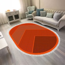 Kaymaz Yıkanabilir Dijital Baskılı Salon Halısı Trend Saçaklı Oval Geometrik AL4048