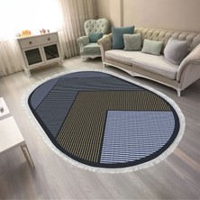 Kaymaz Yıkanabilir Dijital Baskılı Salon Halısı Trend Saçaklı Oval Geometrik AL4048