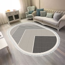 Kaymaz Yıkanabilir Dijital Baskılı Salon Halısı Trend Saçaklı Oval Geometrik AL4048