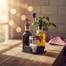 Dörtlü Baharatlık ve Yağlık Sirkelik Seti | Stantlı Tuzluk, Karabiberlik, Zeytinyağlık ve Sirkelik Takımı | Masaüstü Mutfak Seti 2 Adet 200 ml Yağlık, 2 Adet 100 ml Tuzluk Karabiberlik