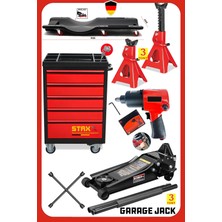 Staxx Power Tam Donanımlı Oto Servis Seti – 3 Ton Garaj Krikosu + Sehpa + 5 Çekmece Takım Arabası Havalı Bijon