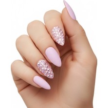 Eda Luxury Beauty 24'lü Nude Açık Pembe Mat Takma Tırnak Seti Lüks 3D Kristal Taşlı Desenli Uzun Oval Badem Stiletto Yapıştırıcılı False Nails Set