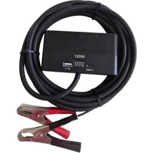 Geseus Aküden Bağlantılı Uzatma Kablosu Çakmaklık Çoklayıcı LCD Ekranlı Usb, Type-C Çıkışlı 12 Volt 10 Amper 120 Wat 2 X1,5mm Ttr Bakır 2 MT-SIYAH-YK-OT733-MŞ