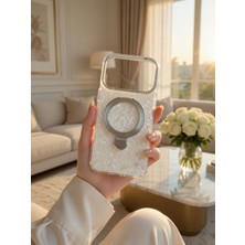 KumOziShop iPhone 17 Promax Uyumlu Magsafe Özellikli Şeffaf Taşlı Mermer Standlı Darbeye Dayanıklı Kılıf