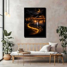 Artprinta Altın Işıltılı Gece Manzarası Kanvas Tablo – Ay Işığı & Göl Yansımalı Lüks Duvar Dekoru