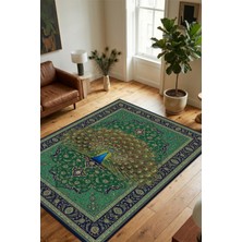 The Reef Design The Reef Zümrüt Yeşili Tavus Kuşu Desenli Halı Dijital Baskılı Dokuma Kaymaz Tabanlı Yıkanır Antre Halısı