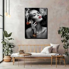 Artprinta Siyah Beyaz Kadın Portre Kanvas Tablo – Kırmızı Detaylı Modern Duvar Dekoru