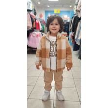 Erkek Çocuk Peluş Ceketli 3'lü Kombin Takım - Taba/ekru Kareli