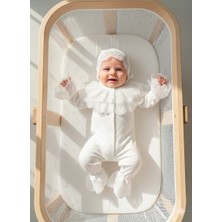 Miniday Baby Kız Bebek Tulum Dantelli Şapkalı  Pamuklu Ekru Renkli İç Göstermeyen Tasarım