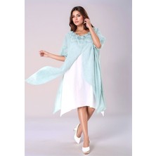 Mamayaga Kadın Kısa Kol Işlemeli Yaka Büyük Beden Yazlık Ön Arka Parça Yırtmaçlı %100 Cotton Curve Elbise