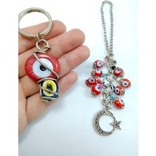 Ennea Art Kırmızı Nazar Boncuğu Bayrak Temalı Araba Dikiz Ayna Süsü + Kırmızı Anahtarlık Ikili Hediyelik Set