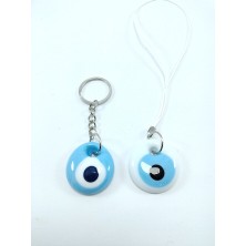 Ennea Art Araba Dikiz Ayna Süsü+Anahtarlık Beyaz/mavi Ikili El Yapımı Cam Nazar Boncuğu Seti Hediyelik Eşya