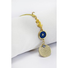 Biuti Mineli Nazar Kedili Metal Ayetel Kürsi Araba Dikiz Ayna Süsü, Gold Renkli