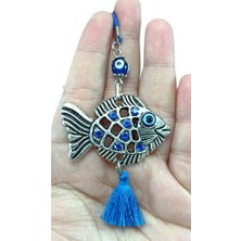 Biuti Lacivert Nazar Boncuklu ve Parlak Taşlı Metal Balık Araba Dikiz Ayna Süsü, Yeni Araba Süsü Hediyelik