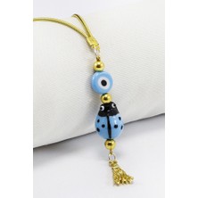 Biuti Mavi El Yapımı Yassı Nazarlı Sevimli Uğur Böceği Püsküllü Dikiz Ayna Süsü,hediyelik Araba Hediyesi