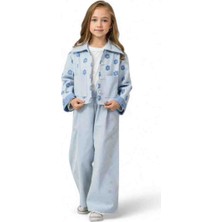 Kız Çocuk 3'lü Nakışlı Denim Takım: Ceket, Geniş Paça Pantolon ve Badi Set