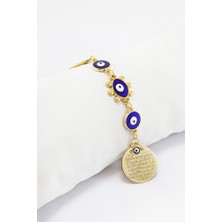 Biuti Lacivert Boncuklu Güneş Figürlü Küçük Metal Ayetel Kürsi Araba Dikiz Ayna Süsü Gold Renkli