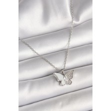 Prativas 316L Çelik Gümüş Renk Zincir Zirkon Taşlı Beyaz Mineli Kelebek Model Kadın Kolye – PRT3500EB04497