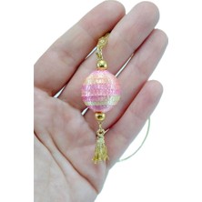 Biuti Pembe Boncuklu Araba Dikiz Ayna Süsü, Metal Gold Renkli Püsküllü El Yapımı Yeni Araba Hediyesi