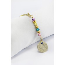 Biuti Renkli Cam Nazar Boncuklu Metal Ayetel Kürsi Araba Dikiz Ayna Süsü, Gold Renkli