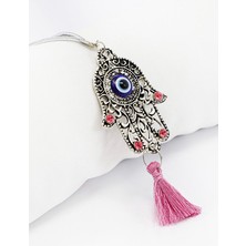 Biuti Pembe Parlak Taşlı Püsküllü Hamse Eli Figürlü Araba Dikiz Ayna Süsü, Araba Hediyesi