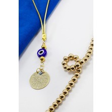 Biuti El Yapımı Yassı Cam Nazar Boncuklu Gold Renkli Metal Ayetel Kürsi Araç Dikiz Ayna Süsü