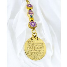 Biuti Lila Pembe Balık Lila Çiçek Nazar Boncuğu Metal Ayetel Kürsi Altın Renkli Araba Dikiz Ayna Süsü