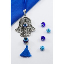 Biuti El Yapımı Lacivert Nazar Boncuklu Püsküllü Hamse Eli Araba Dikiz Ayna Süsü, Araba Hediyesi