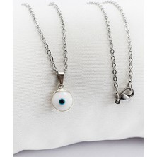 Biuti Çerçeveli Beyaz Nazar Boncuklu Bijuteri Kolye (Çelik Zincir 60 Cm), Gümüş Renkli