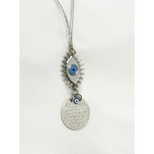 Biuti Beyaz Nazarlı Göz Figürlü Metal Ayetel Kürsi Araba Dikiz Ayna Süsü, Gümüş Renkli