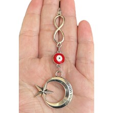 Biuti Kırmızı Nazar Boncuğu ve Sonsuzluk Detaylı Çelik Ay Yıldız Araba Dikiz Ayna Süsü,  Araba Hediyesi