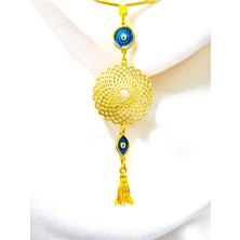 Biuti Elips Mineli Nazar Boncuklu Metal Lotus Çiçeği Araba Dikiz Ayna Süsü/ Püsküllü Yeni Araba Hediyesi