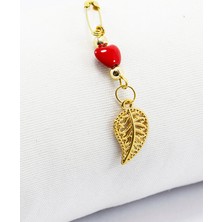 Biuti Gelin Bohçası Kırmızı Cam Kalp ve Metal Yaprak Boncuklu Çengelli Iğne, 10 Adet Düğün Nişan Aksesuar