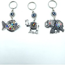 Ennea Art Nazar Boncuğu Metal Balık + Deve + Fil Anahtarlık/dikiz Ayna Süsü Seti Üçlü Hediyelik Eşya