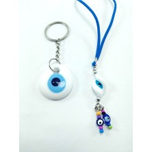 Ennea Art Beyaz Nazar Boncuğu Araba Dikiz Ayna Süsü + Anahtarlık El Yapımı Ikili Hediyelik Set Yeni Araba