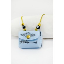 Biuti Mavi Renkli El Yapımı Siyah Cam Nazarlı Deri Çantalı Mini Kur'an-I Kerim Lastikli Oto Ayna Süsü