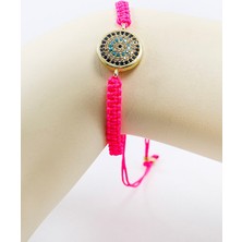 Biuti Pembe Renkli Asansörlü Gold Zirkon Taşlı Nazar Bileklik, Hediyelik Bileklik