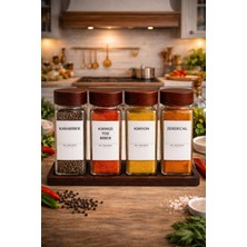 Tiran 4’lü Standlı Bambu Kapaklı Cam Baharatlık Seti 120 ml – Kare Modern Tasarım, Etiketli, Dayanıklı Cam Gövde