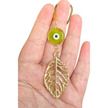 Biuti Yeşil El Yapımı Cam Nazar Detaylı Metal Yaprak Araba Dikiz Ayna Süsü, Altın Renkli Araba Hediyesi