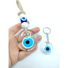 Ennea Art Saydam Nazar Boncuğu Duvar Dekoru + Anahtarlık/dikiz Ayna Süsü El Yapımı Cam Ikili Hediye Seti