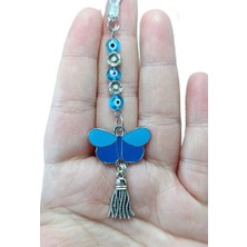 Biuti Nazar Boncuklu, Çiçek Detaylı Metal Lacivert Kelebek Araba Dikiz Ayna Süsü/püsküllü Araba Hediyesi