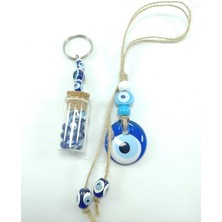 Ennea Art Cam Nazar Boncuğu Araba Dikiz Ayna Süsü + Şişe Nazarlık Anahtarlık El Yapımı Ikili Hediyelik Set