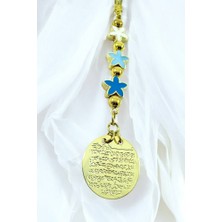 Biuti Mavi Yıldız Boncuklu Metal Ayetel Kürsi Araba Dikiz Ayna Süsü, Gold Renkli Yeni Araba Hediyesi