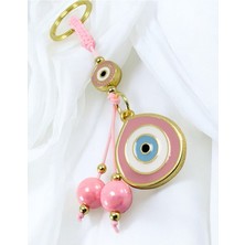 Biuti Toz Pembe Parlak Taşlı Küp Boncuk Detaylı Göz Figürlü Anahtarlık / Hediyelik Anahtarlık