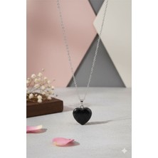 Lia Charm Siyah Yıldız Taşı Kalp Kolye - Işıltılı Doğal Taş Kadın Kolye - 45 cm Gümüş Renk Zincirli