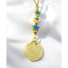 Biuti Mavi Lotus Çiçeği Nazar Boncuğu Metal Ayetel Kürsi Altın Renkli Araba Dikiz Ayna Süsü